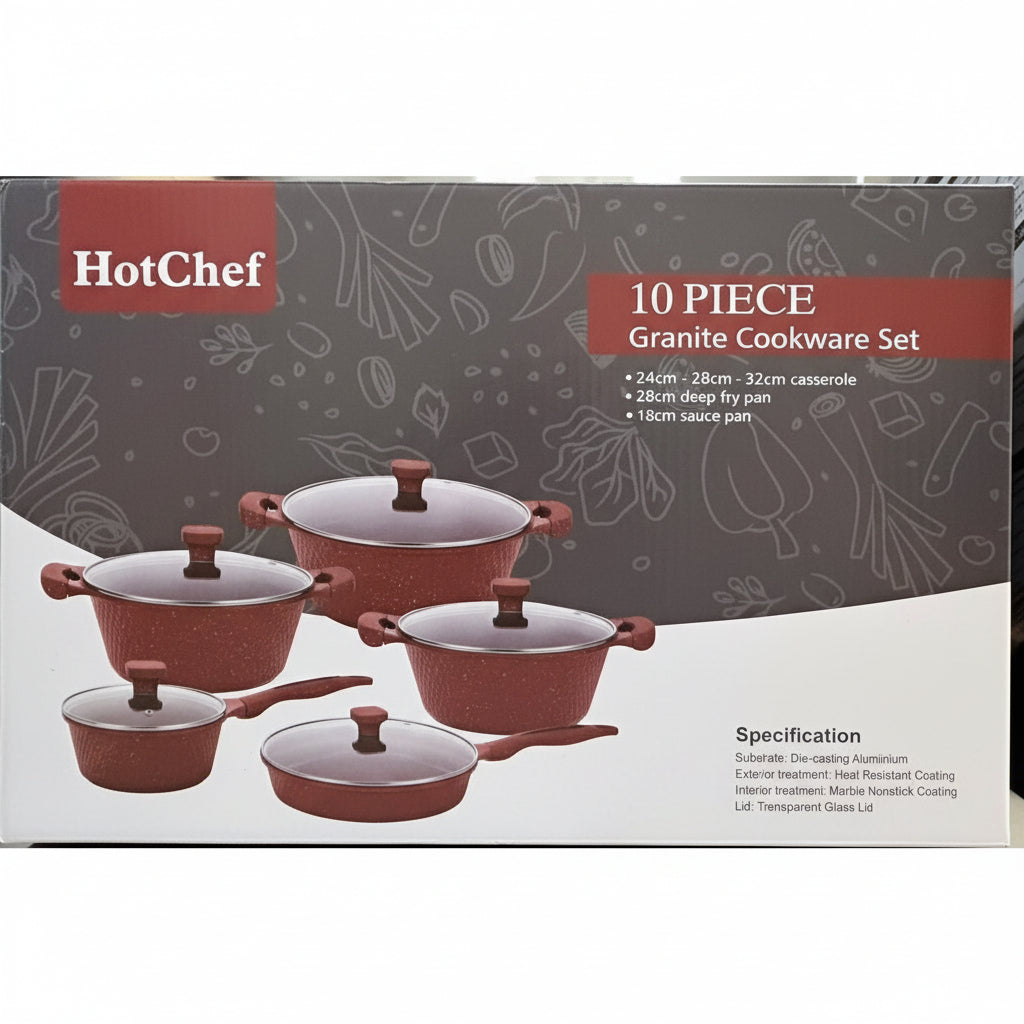 cookware set 10 piece non-stick marble coating die-cast aluminum pots pans glass lids casseroles fry pan Lebanon HOTCHEF granite